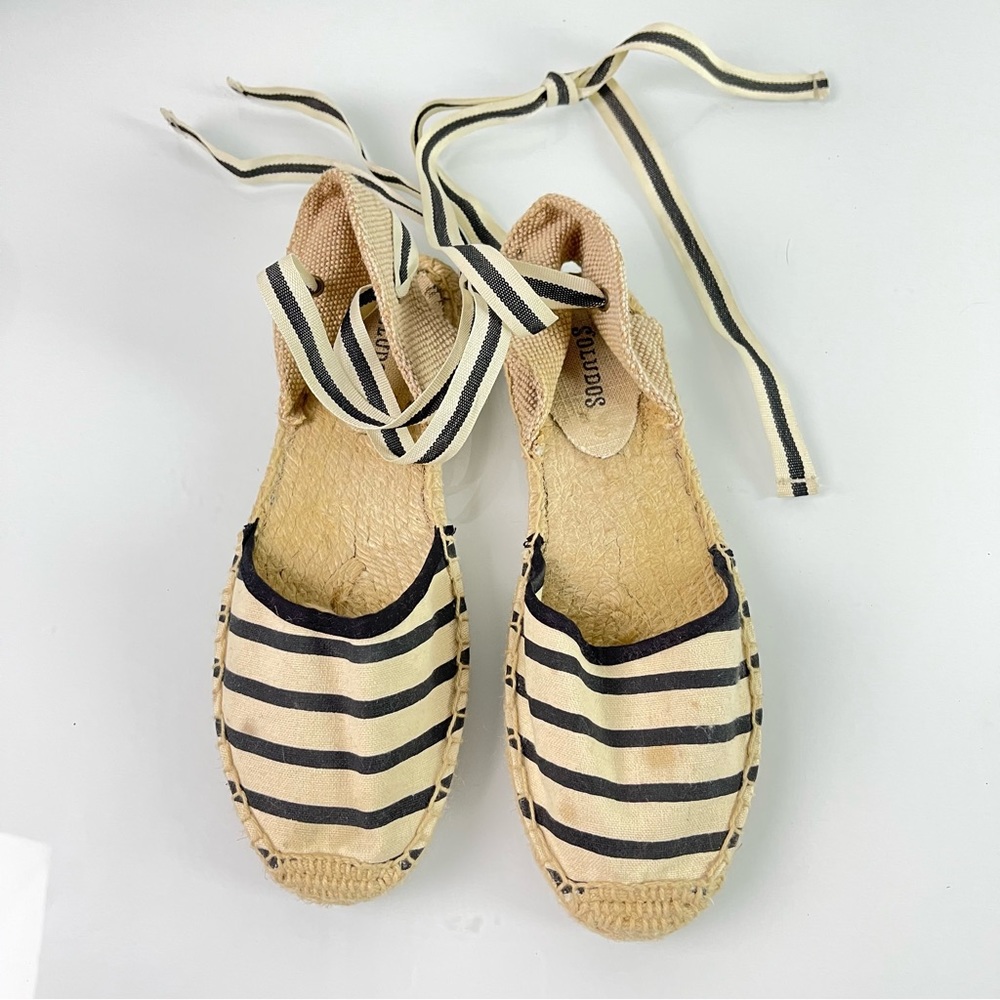 Soludos Shoes Espadrille Ankle Flats‎ Tie Striped Black White Tan Cream